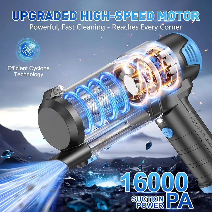 Handheld Car Vacuum Cleaner, 16000PA Air Duster & Vacuum Cleaner, 120W High Power Hand Held Vacuum Cordless, Portable Vacuum Rechargeable with Multi-Nozzles & LED Light for Car, Home, Pet, Office