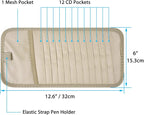 Car CD Case Holder, Vehicle Sun Visor Organizer for Cars with 12 DVD Storage Sleeves, 1 Mesh Pocket, 1 Pen Holder and Elastic Strap, Khaki