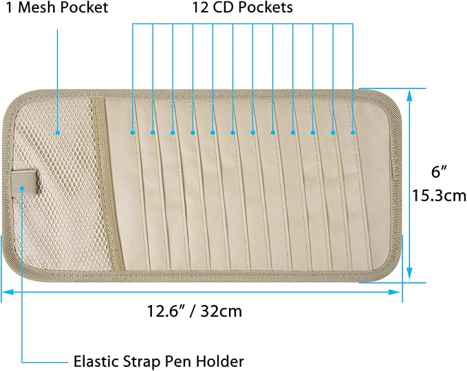 Car CD Case Holder, Vehicle Sun Visor Organizer for Cars with 12 DVD Storage Sleeves, 1 Mesh Pocket, 1 Pen Holder and Elastic Strap, Khaki