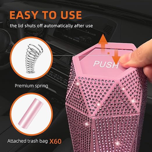 Bling Car Trash Can with Lid, Bling Car Accessories Trash Bin, Leakproof Auto Garbage Can with 30 Trash Bags, Multipurpose Organizers and Storage for Home, Office (Pink Diamond)