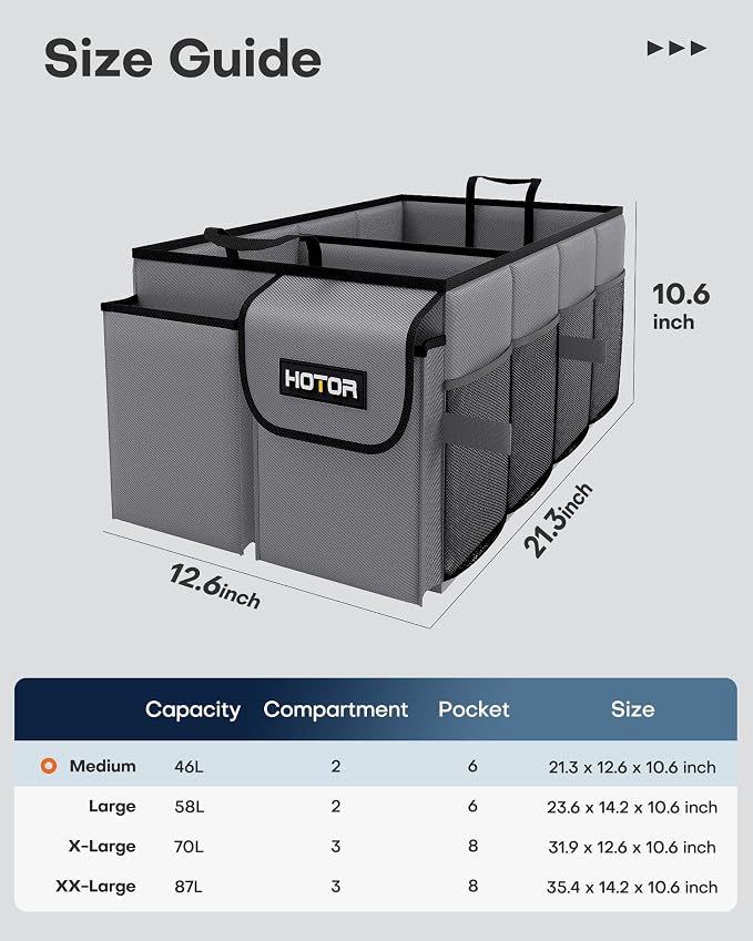 Trunk Organizer for Car - Car Organizer, Foldable Trunk organizer for SUVs & Sedans, Sturdy Organization for Car Accessories, Tools, Sundries, Grey, 2 Compartments, 21.3"×12.6"×10.6"