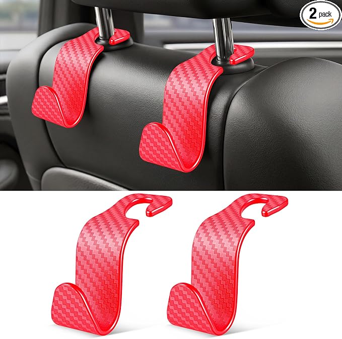 Universal 2 Pack Car Seat Headrest Purse Hook, Carbon Fiber Back Seat Hook Storage Organizer Hanger for Purse Handbag Coat, Car Interior Accessories(Red)