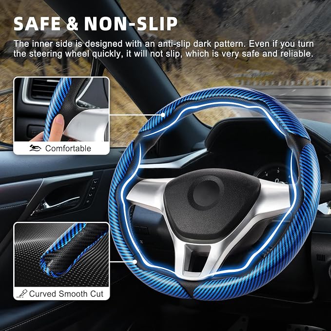 3pcs Carbon Fiber Anti-Skid Steering Wheel Cover, Waterproof Design, Universal Fit for 14-16 Inch Car Wheel Cover, Interior Car Accessories for Jeeps, SUVs, Trucks (Glossy Blue)