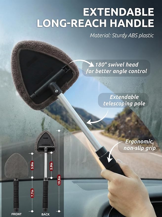 Window & Windshield Cleaner, Extendable, 3 Microfiber Pads (Grey) | Pivoting Triangle Head Wiper Cleans Interior & Exterior Glass, 3 Washable Reusable Bonnets, Lint-Free