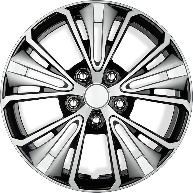 16 Inch Hubcaps Set of 4 – OEM Replacement Snap-On Wheel Rim Covers - Universal Fit Car Wheel Cover for Cars, Trucks, SUV, Vans Durable ABS Black & Silver 5-Spoke Hub-Cap Car Accessories Exterior