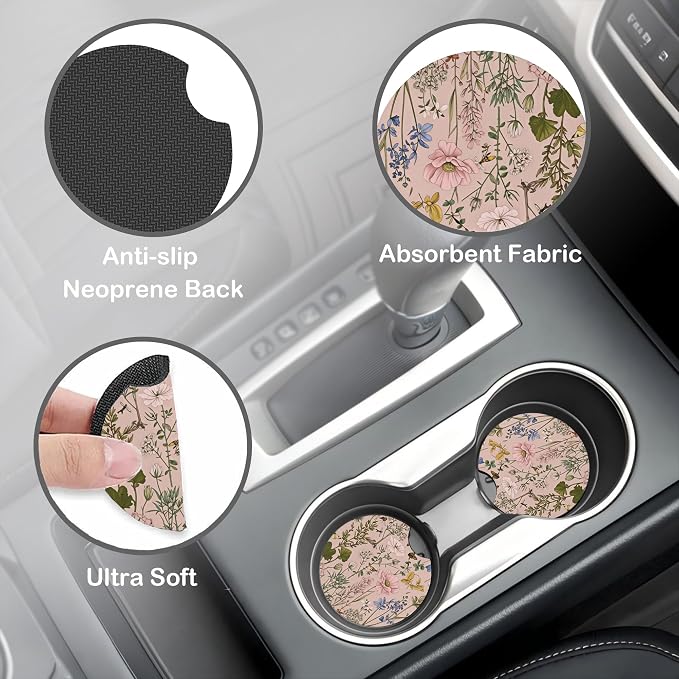 Pink Wildflower Steering Wheel Cover for Women, Anti-Slip Butterfly and Bee Car Steering Wheel Cover with 2 Pcs Cup Holders Neoprene Breathable Car Accessories Universal 15 Inch Auto Interior Decor