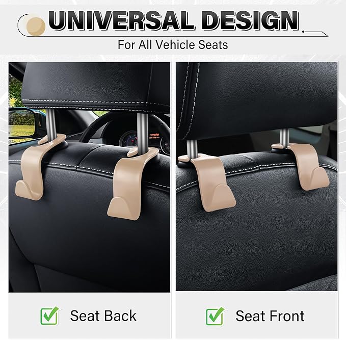 4 Pack Car Seat Headrest Hooks, Vehicle Back Seat Hanger Storage Organizer for Purse Handbag Backpack Coat Grocery, 360° Rotating Heavy Duty Holds 44lbs, Beige