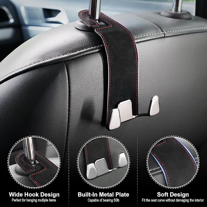 Car Seat Headrest Hook, Premium Suede Double Hook 2 Pack, Universal Hanging Accessories for Purse, Bag, Groceries - Car Interior Accessories (Black)