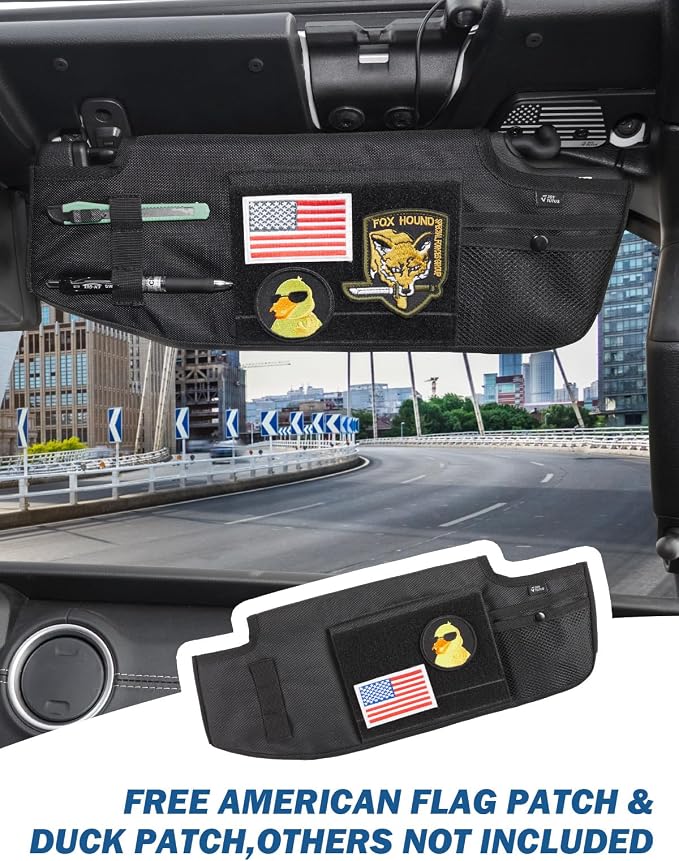 Sun Visor Organizer Compatible with 2018-2026 Wrangler JL & Gladiator JT Passenger's Side, Front Tactical Visor Storage Cover Molle Webbing Visor Storage Holder Pouch, Multi-Pocket Net Zipper