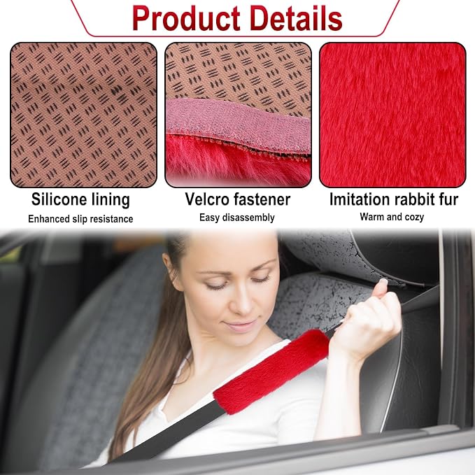 3 PCS Fluffy Steering Wheel Cover Set, 15'' Furry Car Wheel Cover, 2 Seat Belt Shoulder Pads, Anti-Slip Fur Steering Wheel Cover, Winter Warm Fluffy Car Accessories for Women, Red