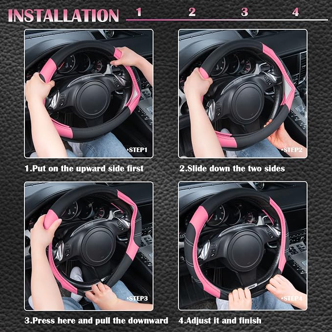 Line Rider Microfiber Leather Sporty 14.5-15 inch Steering Wheel Cover Universal Fits for 95% Truck,SUV,Cars, Anti-Slip Safety Comfortable Design (Black Pink)