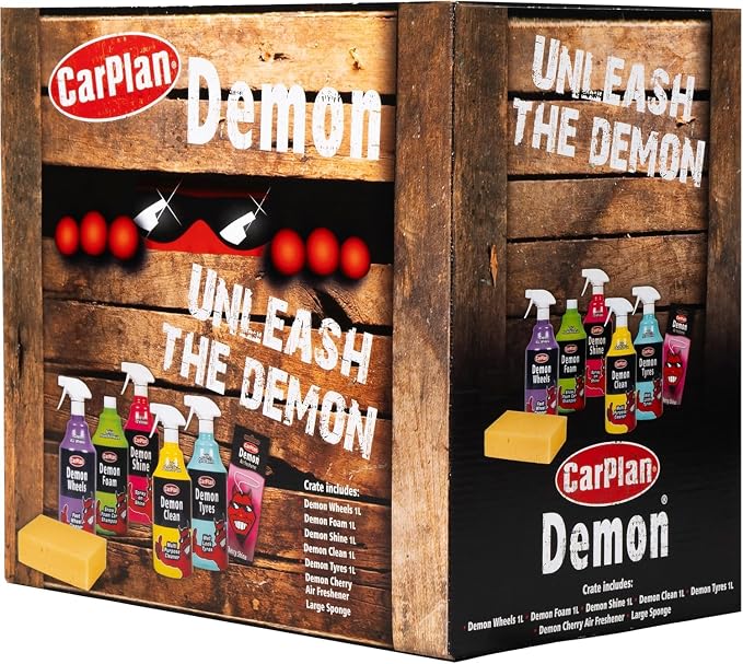 Demon Car Wash Kit - 7 Piece Set Includes Car Wash Soap, Wheel Cleaner, Tire Shine, Interior Cleaner, Demon Shine, Air Freshener & Sponge