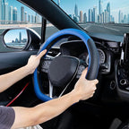 D Shaped Steering Wheel Cover for 14.5-15 inch Flat Bottom Wheels, Breathable Perforated Microfiber Leather, Anti-Slip Grip, Universal Fit for Cars & SUVs, Black and Blue