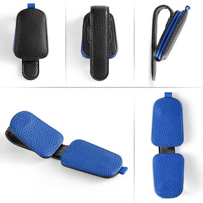 Sunglasses Holder for Car, Leather Magnetic Buckle Sun Visor Sunglass Clip, Ticket Card Storage Glasses Clip, Car Interior Accessories for Men and Women（Black-Blue）