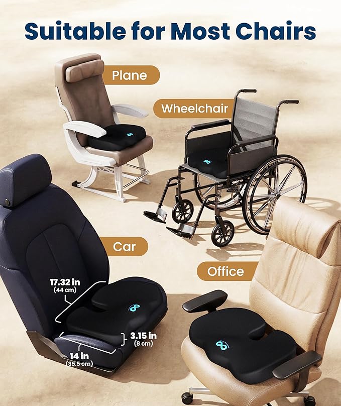 Doctor Recommended Memory Foam Seat Cushion for Office Chairs & Car - Ergonomic Office Desk Accessories - Cushions for Tailbone Pain Relief, Sciatica (Black Airflow, Large)