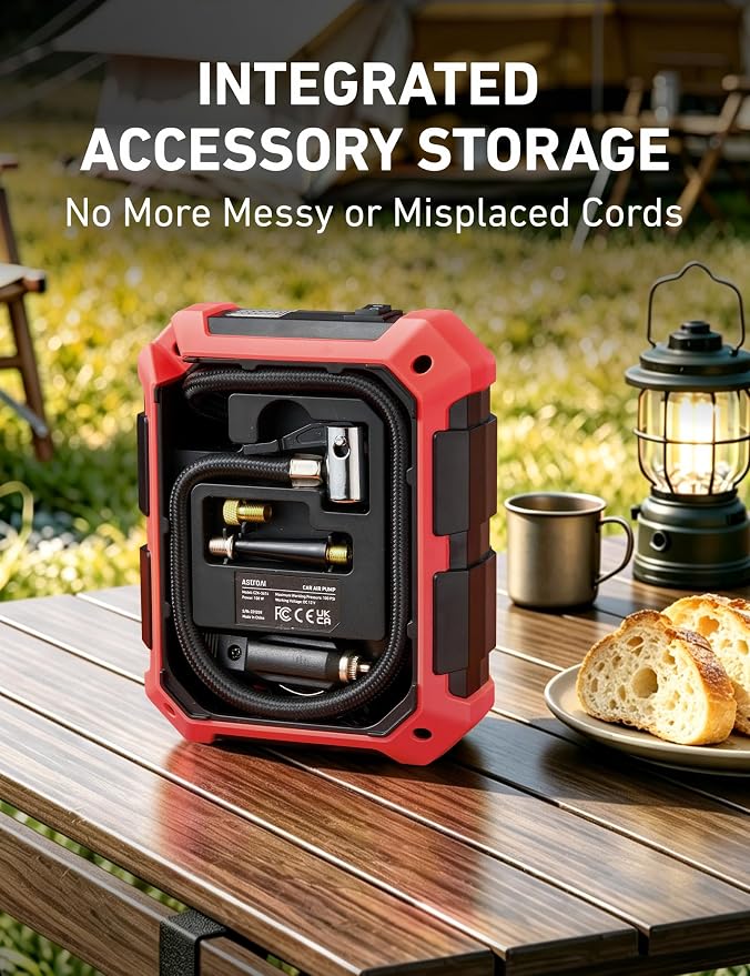 Tire Inflator Portable Air Compressor 12V DC 100PSI, Integrated Storage, Digital Gauge, Auto Shut-Off Fast Inflation LED Light, Air Pump for Car Tires Bike Motorcycle Other Inflatables, Red