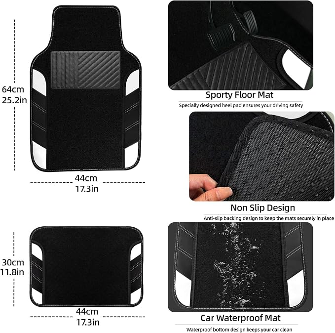 10 Pcs Car Floor Mats Full Set & Sport Leather Steering Wheel Cover 14.5-15 inch, Center Console Cover, Seat Belt Cushion, Cup Holder Coaster, Universal Automobile Interior Sets (White)