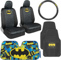 Warner Bros DC Comics Car Accessories Bundle - Front Seat Covers, Steering Wheel Cover, Windshield Sunshade, Car Floor Mats for Autos Cars Sedans Trucks Vans, Superhero Batman Dark Knight Gift Set