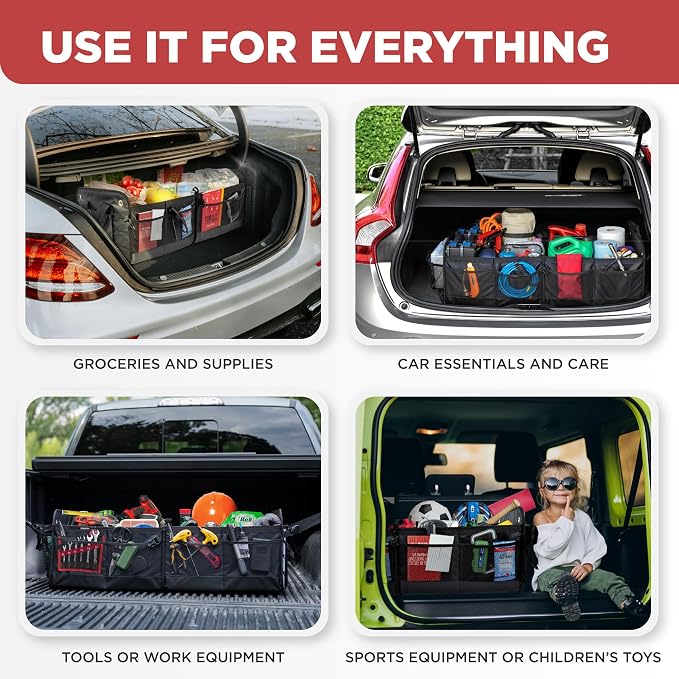 XL Heavy-Duty Trunk Organizer – Reinforced SUV & Truck Cargo Storage with 6 Adjustable Compartments, Non-Slip Base & Securing Straps (Foldable Design, Grey)