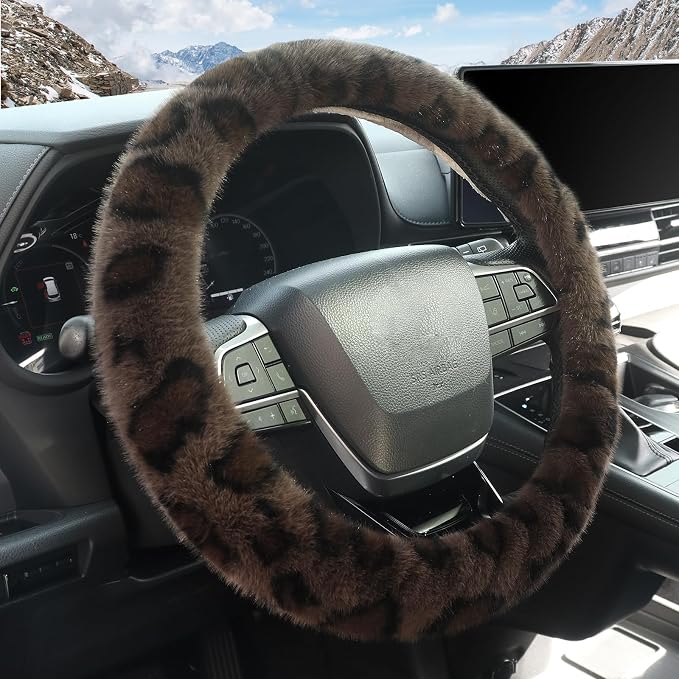 Fuzzy Car Steering Wheel Cover,Universal Fit Fur Auto Wheel Cover,Leopard Warm Fluffy Vehicle Wheel Protector Car Accessories,Cheetah Print Steering Wheel Cover for Men Women (Brown)