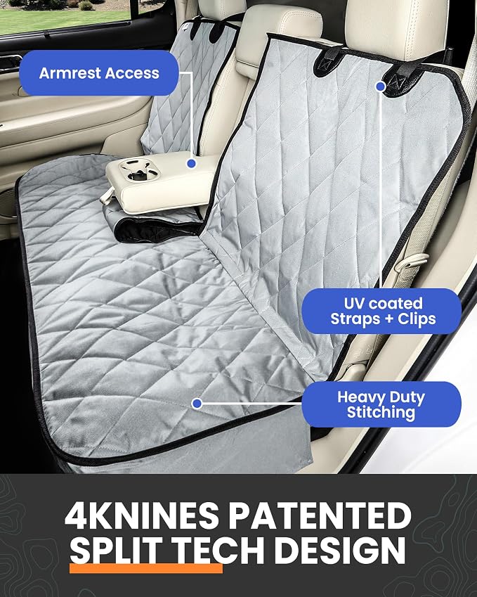 Dog Seat Cover for Back Seat, Heavy Duty Waterproof Rear Seat Protector for Small Trucks, SUVs, Cars - Fits 60/40 Split Bench with Middle Seat Belt, Non-Slip Dog Backseat Cover (Regular, Grey)