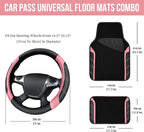 Microfiber Steering Wheel Cover and Waterproof Car Floor Mats,Leather Universal Car Combo Fit for 95% Truck,SUV,Cars,14.5-15inch Sporty Anti-Slip Safety Comfortable Design(Black and Pink)