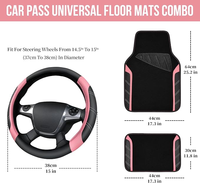Microfiber Steering Wheel Cover and Waterproof Car Floor Mats,Leather Universal Car Combo Fit for 95% Truck,SUV,Cars,14.5-15inch Sporty Anti-Slip Safety Comfortable Design(Black and Pink)