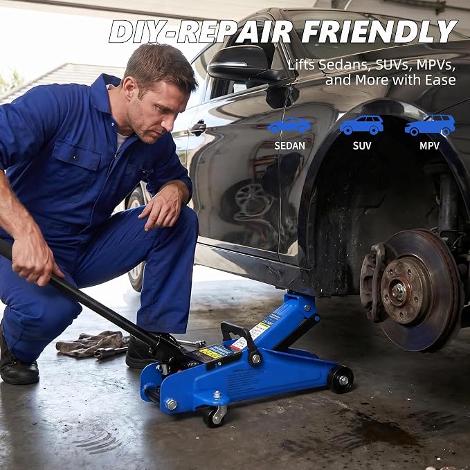 2 Ton Low Profile Floor Jack, 4000 lbs, with Stands, Chock & Gloves – Blue | Steel jack, 5.3"-13" lift. Overload valve, leak-proof. with stands, chock, gloves. For cars, SUVs, DIYers & mechanics.