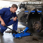2 Ton Low Profile Floor Jack, 4000 lbs, with Tire Kit, Gloves & Bag – Blue | Steel jack, 4000 lbs, 5.3"-13" lift. Overload valve. Sealed cylinder. Tire kit and bag. For DIYers & mechanics, cars & SUVs.