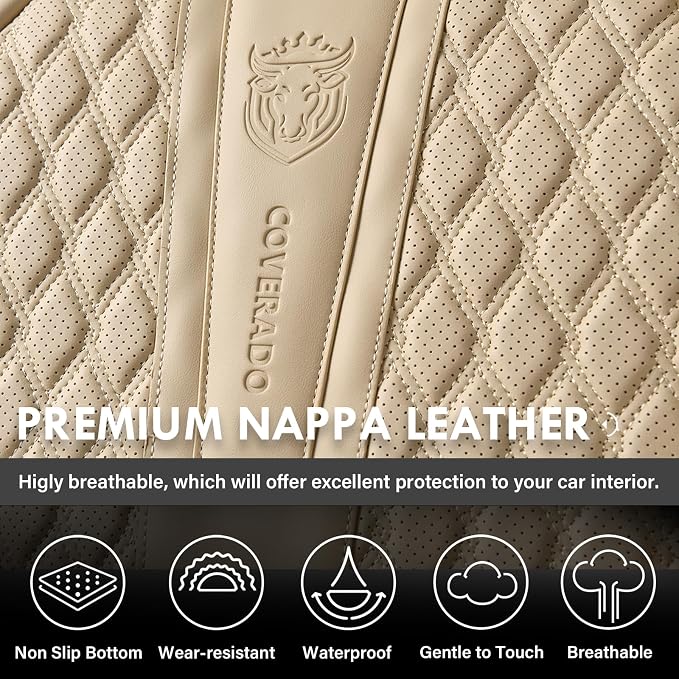 Coverado Car Seat Covers Full Set, Nappa Leather Seat Covers for Car, Waterproof Car Seat Protector with Lumbar Support, Automotive Seat Covers Universal Fit for Most Cars SUV Trucks (Beige)