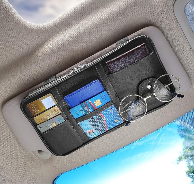 Car Visor Organier Truck SUV Sun Visor Storage Pocket PU Leather Pouch Holder with Multi-Pocket Double Zipper Net Pocket, for Cards Pens Sunglasses Document (Black)