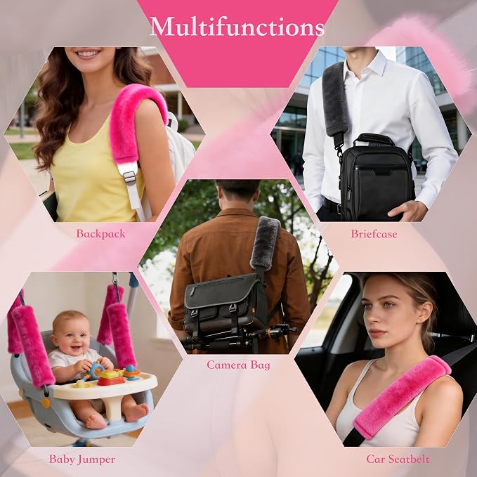 Soft Faux Fur Universal Fit Seatbelt Cover Car Truck SUV Airplane Seat Belt Shoulder Pad for Carmera Backpack Straps Neck Cushion Protector 2 Pack 10.5in Rose Red