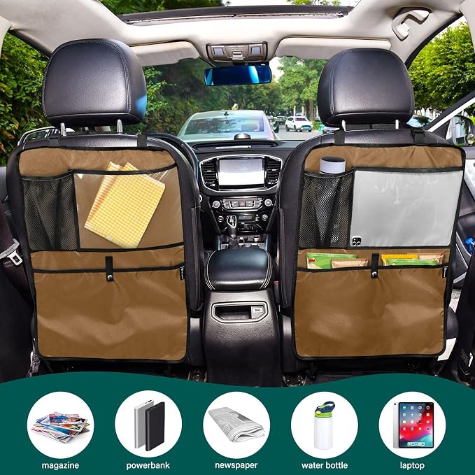 Brown Car Seat Organizer for Kids Backseat Kick Mat with Adjustable Strap Backseat Protector for Vehicle SUV Car 1 Pcs