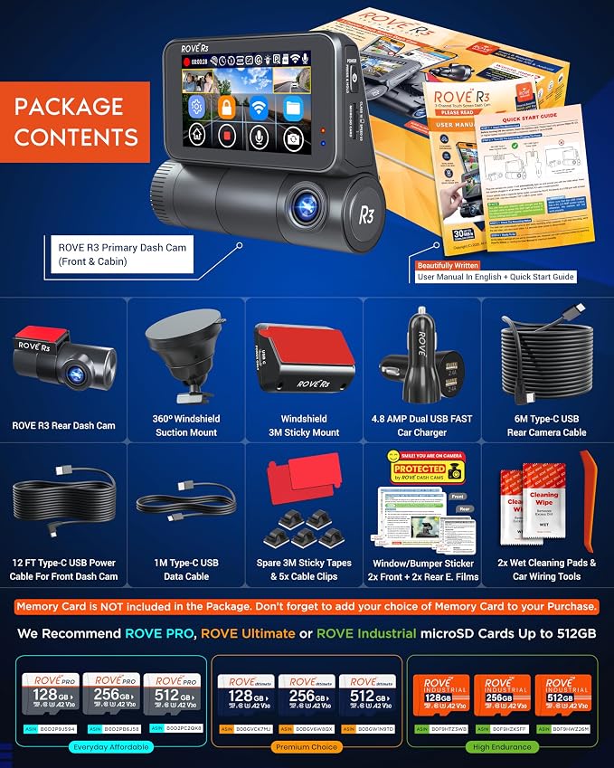 R3 Dash Cam Front and Rear with Cabin, 3” IPS Touch Screen, 3 Channel Dash Cam 1440P+1080P+1080P, IR Night Vision, 5GHz WiFi, Up to 30MB/s Download Speed, Quad-Mode GPS, Supports 512GB Max