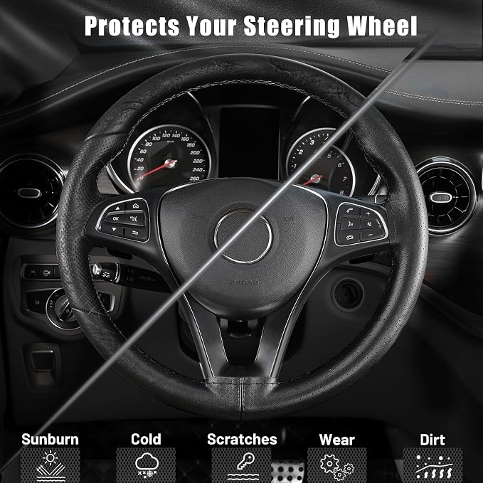 Genuine Leather Steering Wheel Cover, Stitch On Wrap, Breathable Cowhide Steering Wheel Wrap, Standard Size 15 Inch, for Car Truck SUV Pickup Boat, DIY Sewing with Needle Thread, Black