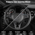 Genuine Leather Steering Wheel Cover, Stitch On Wrap, Breathable Cowhide Steering Wheel Wrap, Standard Size 15 Inch, for Car Truck SUV Pickup Boat, DIY Sewing with Needle Thread, Black