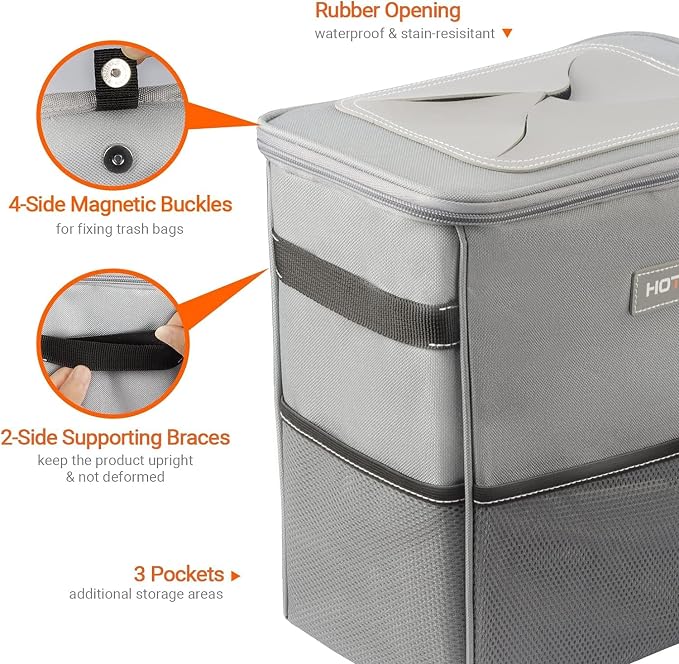 3 Gallons Car Trash Can, Ultra Large Capacity Organizer and Storage with Adjustable Straps & Magnetic Snaps, Waterproof Car Accessory for Interior Car Stuff Storage, Gray