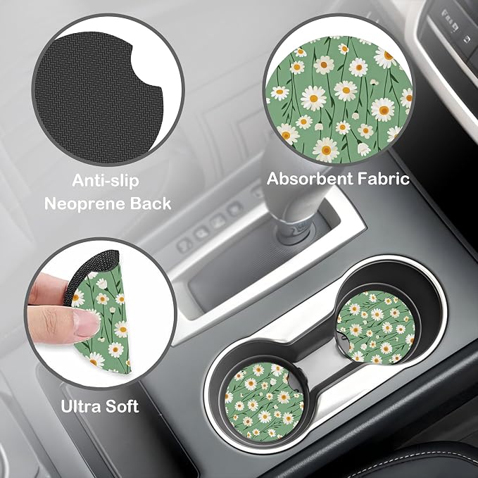 White Daisy Flower Steering Wheel Cover for Women, Anti-Slip Sage Green Car Steering Wheel Cover with 2 Pcs Cup Holders Neoprene Breathable Car Accessories Universal 15 Inch Auto Interior Decor