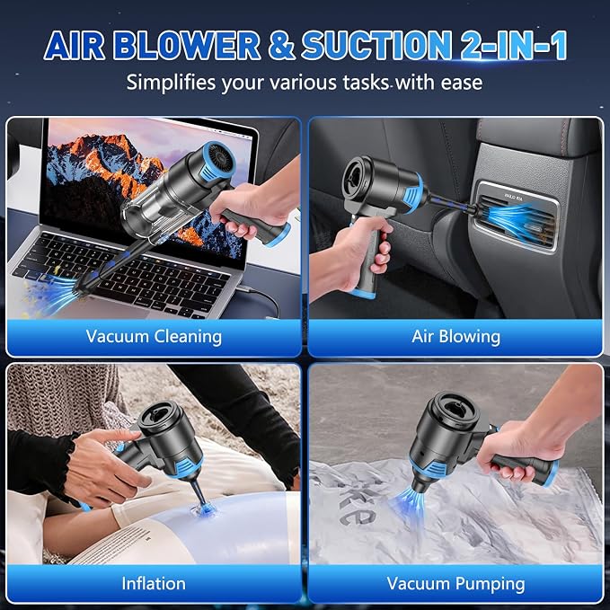 Handheld Car Vacuum Cleaner, 16000PA Air Duster & Vacuum Cleaner, 120W High Power Hand Held Vacuum Cordless, Portable Vacuum Rechargeable with Multi-Nozzles & LED Light for Car, Home, Pet, Office