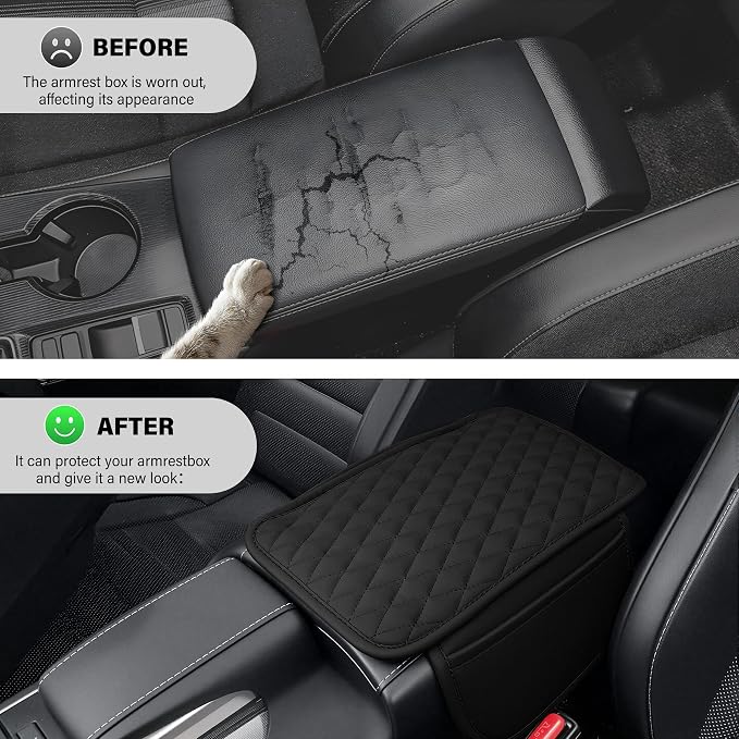 Car Center Console Cover, Upgraded Leather Car Armrest Cushion with 2 Storage Pockets, Universal Waterproof Cushion Pad, Non-Slip Car Interior Accessories, Fits Most Sedans SUVs Trucks (Black)