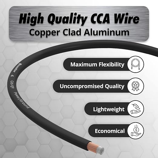 4 Gauge Copper Clad Aluminum Wire - 50 Ft 4GA Power Ground Cable for Car Audio, Battery, RV, Trailer and Automotive Wiring - Flexible Car Amplifier - Black