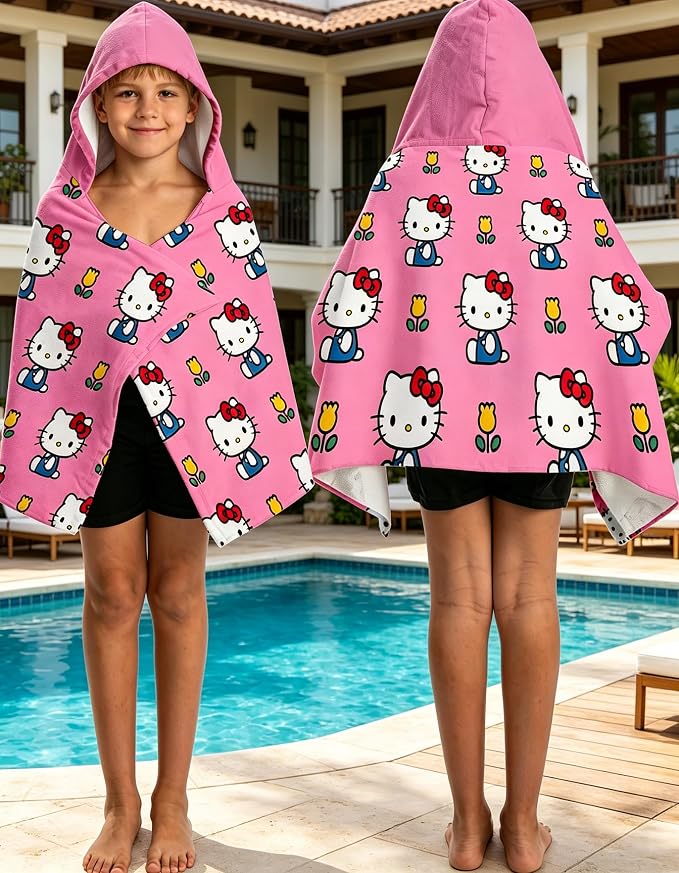 Kitty Printed Soft Cotton Terry Hooded Towel Wrap, Portable Hooded Towel for Bath Pool Beach Daily Use, 28 in x 55 in