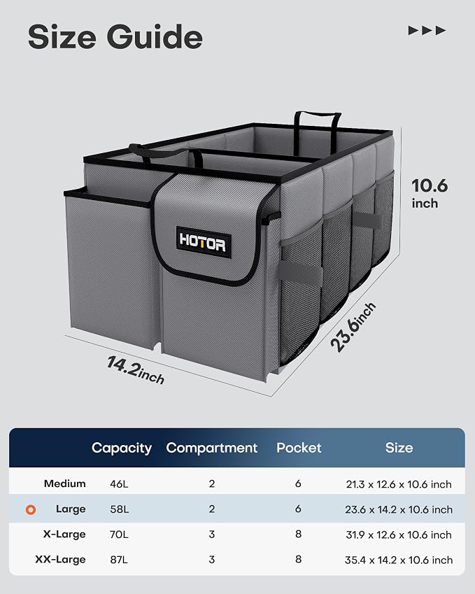 Trunk Organizer for Car - Car Organizer, Foldable Trunk organizer for SUVs & Sedans, Sturdy Organization for Car Accessories, Tools, Sundries, Grey, 2 Compartments, 23.6"×14.2"×10.6"