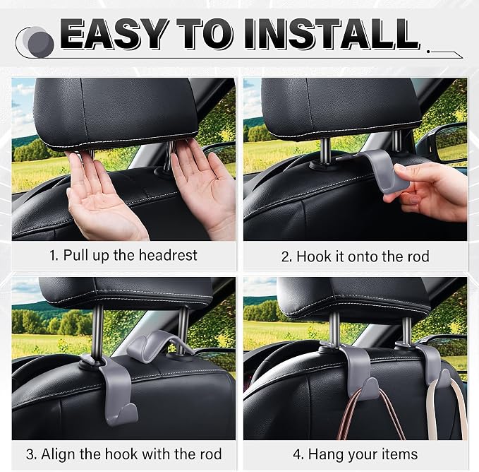 4 Pack Car Seat Headrest Hooks, Vehicle Back Seat Hanger Storage Organizer for Purse Handbag Backpack Coat Grocery, 360° Rotating Heavy Duty Holds 44lbs, Gray