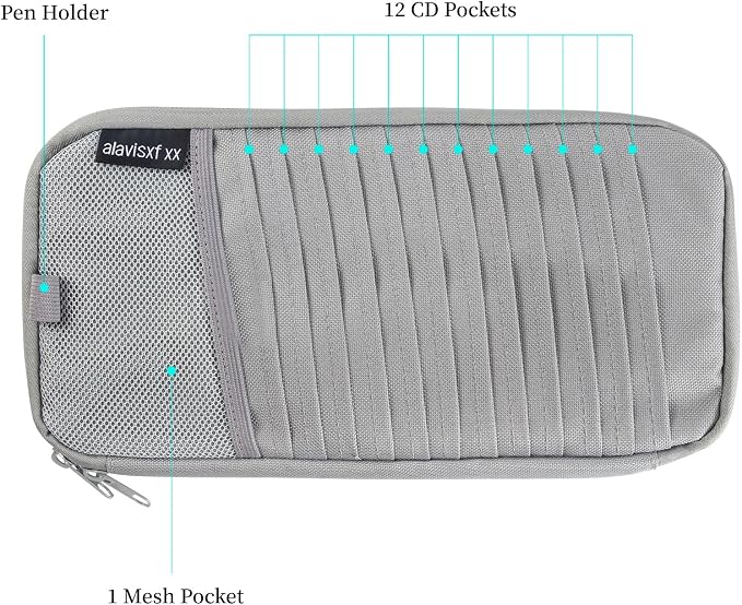 Car CD Visor Holder, 12 Sleeves Organizer with Mesh Pocket | Durable Oxford Cloth, Holds 12 CDs/DVDs, 1 Pen Holder, 1 Back Inner Pocket, Disc Storage Organizer, Fits Most Vehicle Visors