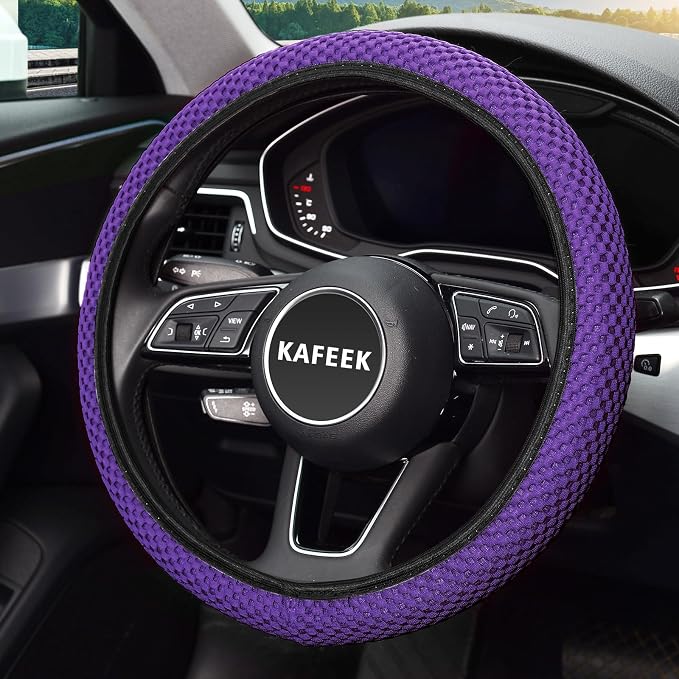 Elastic Stretch Steering Wheel Cover 15 Inch, Breathable Ice Silk Microfiber, Non-Slip Grip, Warm in Winter and Cool in Summer, Odorless, Car Accessories Fit Cars, SUVs, Purple