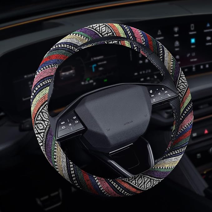 Boho Steering Wheel Cover, Steering Wheel Cover Women, 15 inch Hippie Style Protector Covers, Universal Ethnic Flax Cloth Car Accessories Universal for SUV Van Truck (Hippie-B)