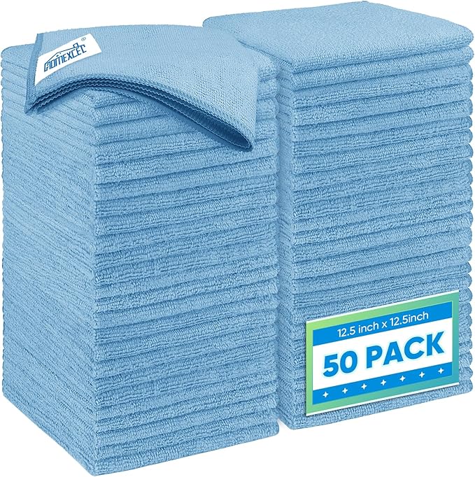 Blue Microfiber Cleaning Cloth 50 Pack, 12.5 x 12.5 inch Microfiber Towels for Cars, Ultra Absorbent Car Washing Cloth, Lint Free Streak Free Cleaning Rags for Car, Kitchen, and Window