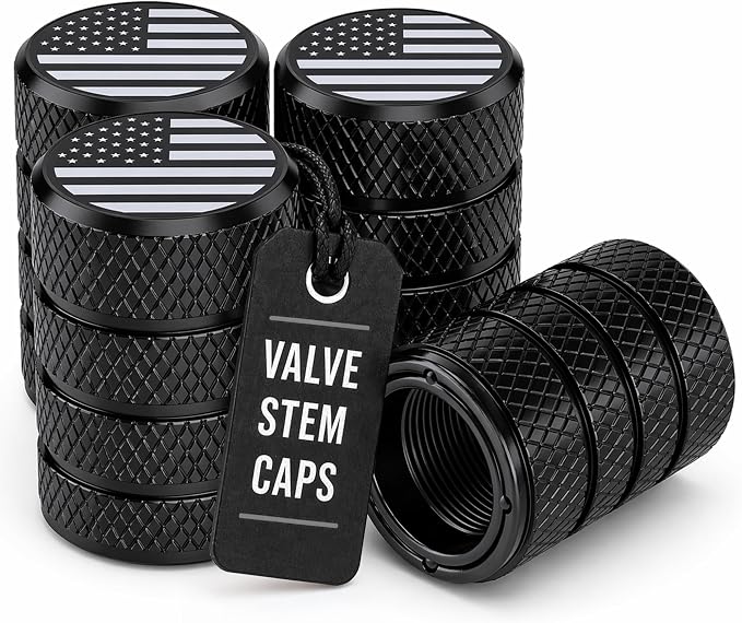 American Flag Valve Stem Caps – Onyx Black, Anti-Rust Anodized Aluminum, Universal Fit for Car, Truck, SUV, Bike – Set of 4 (Onyx Black)