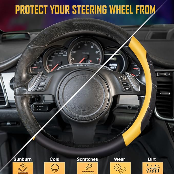 Line Rider Microfiber Leather Sporty Steering Wheel Cover Universal Fits for 95% Truck,SUV,Cars,14.5-15inch Anti-Slip Safety Comfortable Desgin (Black-Yellow)